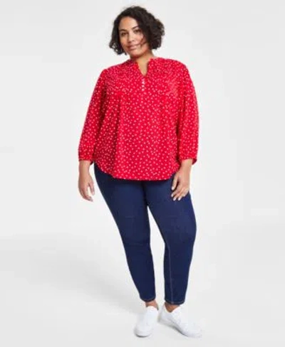 Tommy Hilfiger Plus Size Dot Print Pintuck 3 4 Sleeve Top Th Flex Gramercy Pull On Jeans In Sky Captain,ivory