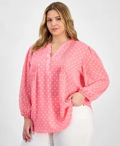 Tommy Hilfiger Plus Size Dot Print Pintuck 3/4-sleeve Top In Peony,ivory