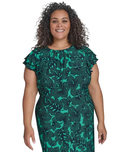 Tommy Hilfiger Plus Size Dotty Hibiscus Flutter-sleeve Dress In Parakeet Sky Captain