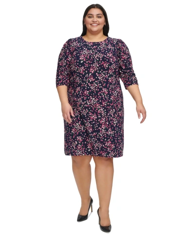 Tommy Hilfiger Plus Size Floral 3/4-sleeve Jersey Dress In Skycapt,ht