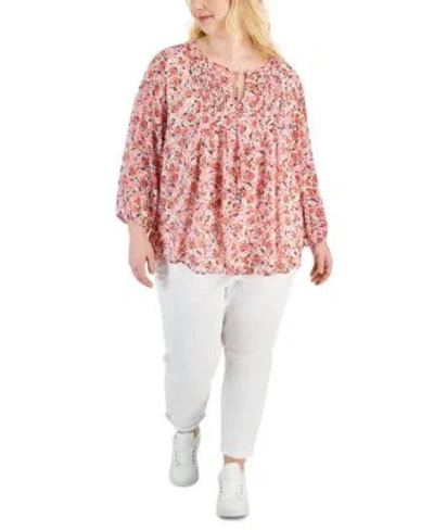 Tommy Hilfiger Plus Size Floral Pintucked Blouse Hampton Chino Pants In Ivory,peony