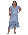 Tommy Hilfiger Plus Size Floral Print Chiffon Flutter-sleeve Midi Dress In French Blue Multi