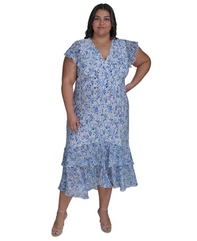 Tommy Hilfiger Plus Size Floral Print Chiffon Flutter-sleeve Midi Dress In French Blue Multi