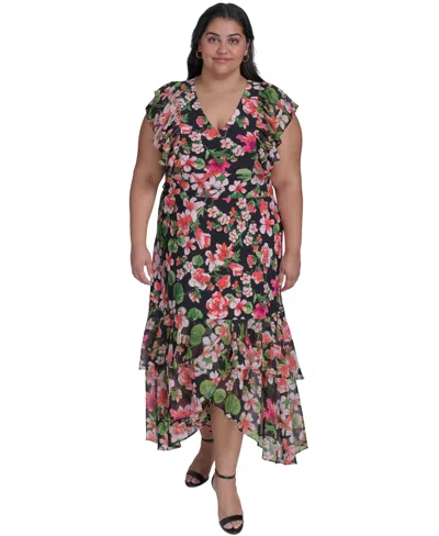 Tommy Hilfiger Plus Size Floral-print Mixed-media Maxi Dress In Black Multi