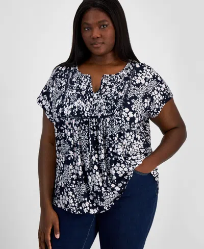 Tommy Hilfiger Plus Size Floral-print Pintuck Split-neck Top In Sky Captatin Multi