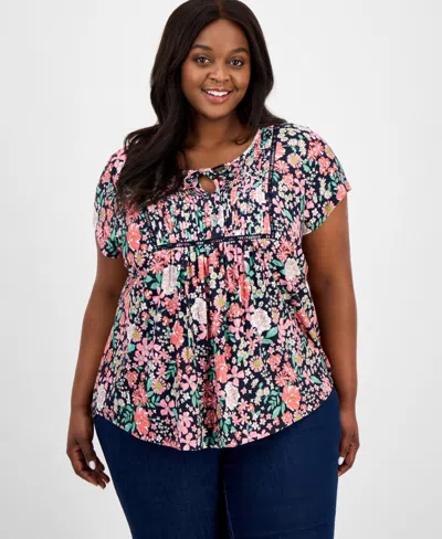 TOMMY HILFIGER PLUS SIZE FLORAL-PRINT PINTUCKED TOP, EXCLUSIVELY AT MACY'S
