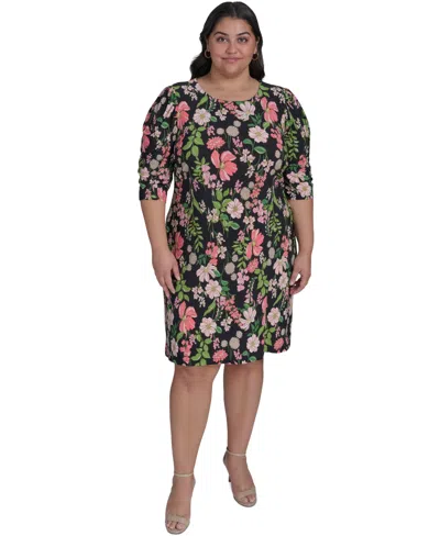 Tommy Hilfiger Plus Size Floral-print Shift Dress In Black Multi