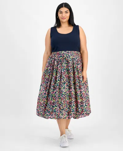 TOMMY HILFIGER PLUS SIZE FLORAL-PRINT-SKIRT SLEEVELESS DRESS