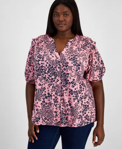 Tommy Hilfiger Plus Size Floral-print Smocked Split-neck Top In English Rose Multi