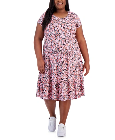 Tommy Hilfiger Plus Size Floral-print Tiered Midi Dress In Sky Captain,peony