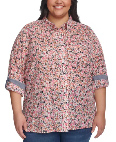 Tommy Hilfiger Plus Size Floral Roll-tab Button-up Shirt In Bright White,dahlia