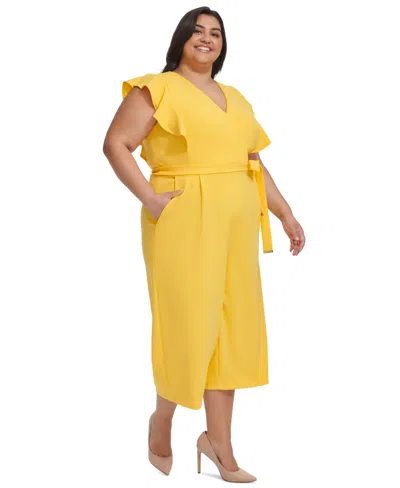 Tommy Hilfiger Plus Size Flutter-sleeve Cropped Jumpsuit In Daffodil