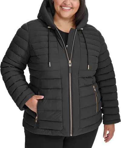 Tommy Hilfiger Plus Size Hooded Packable Puffer Coat, Created For Macy's In Black