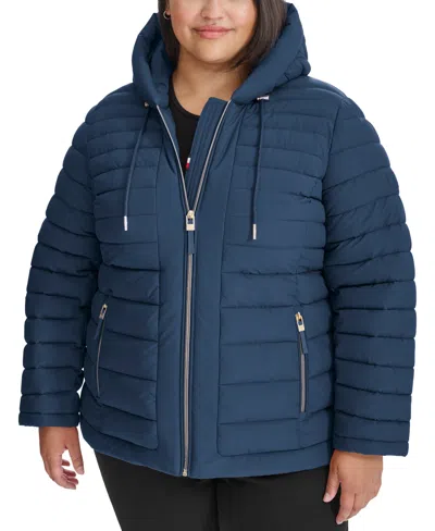 Tommy Hilfiger Plus Size Hooded Packable Puffer Coat, Created For Macy's In Navy