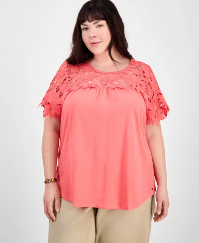 Tommy Hilfiger Plus Size Lace Yoke Short-sleeve Top In Sherbert