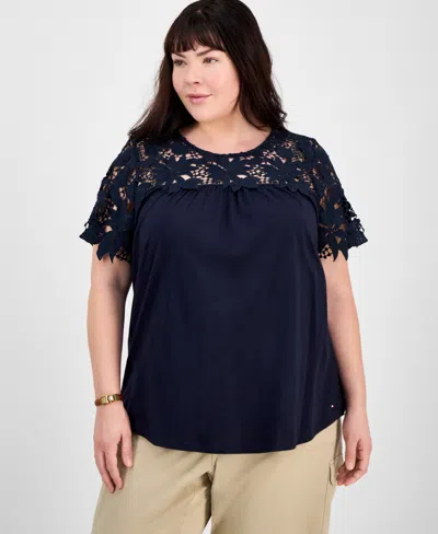 Tommy Hilfiger Plus Size Lace Yoke Short-sleeve Top In Sky Captain