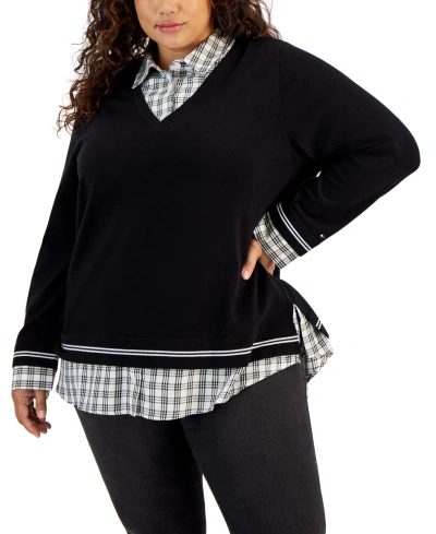 Tommy Hilfiger Plus Size Layered-look Cotton Sweater In Black,ivory Multi