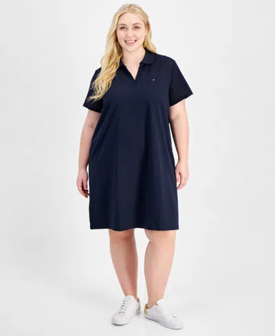 Tommy Hilfiger Plus Size Mesh-trim Johnny-collar Dress In Sky Captain