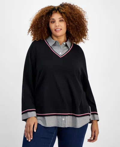 Tommy Hilfiger Plus Size Mini Check 2fer Sweater In Black Multi