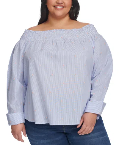 Tommy Hilfiger Plus Size Off-the-shoulder Long-sleeve Top In Blue Multi