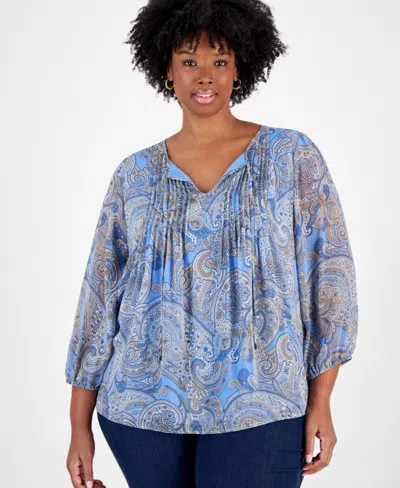 Tommy Hilfiger Plus Size Pintucked Paisley-print Top In Blue Haze Multi