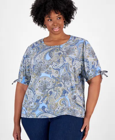 Tommy Hilfiger Plus Size Paisley-print Tie-sleeve Top In Blue Haze Multi