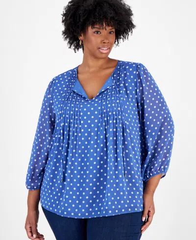 Tommy Hilfiger Plus Size Perfect Dot Pintucked Top In Amsterdam Blue,ivory