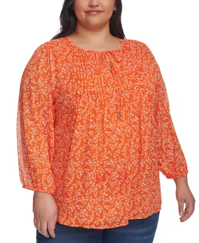 Tommy Hilfiger Plus Size Pintucked Scoop-neck Top In Mandarin Multi