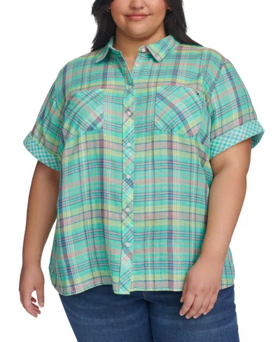 Tommy Hilfiger Plus Size Plaid Short-sleeve Camp Shirt In Oasis Combo