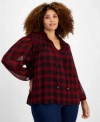 Tommy Hilfiger Plus Size Plaid Tie Neck Top Th Flex Gramercy Pull On Jeans In Red