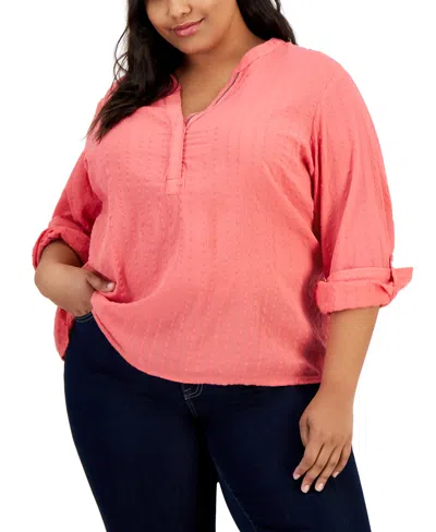 Tommy Hilfiger Plus Size Popover Roll Tab Tunic Top In Coralie