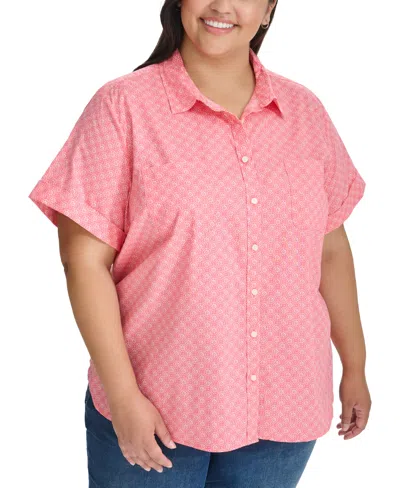 Tommy Hilfiger Plus Size Printed Button-front Cotton Camp Shirt In Tea Rose,white