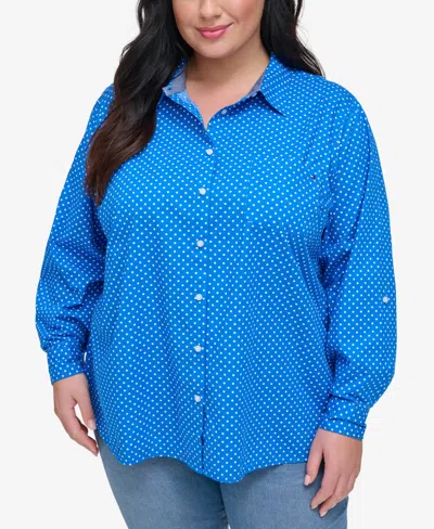 Tommy Hilfiger Plus Size Printed Cotton Utility Shirt In Blue