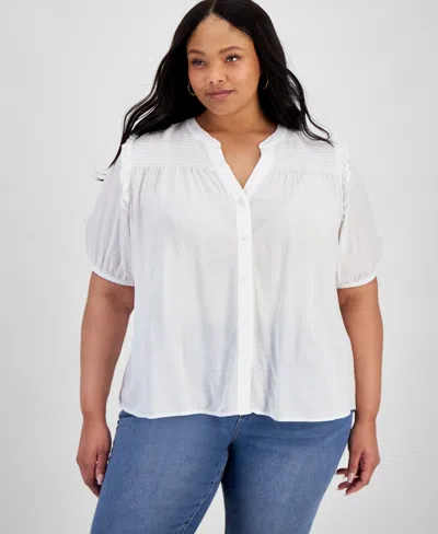 Tommy Hilfiger Plus Size Short-sleeve Smocked-yoke Top In Bright White