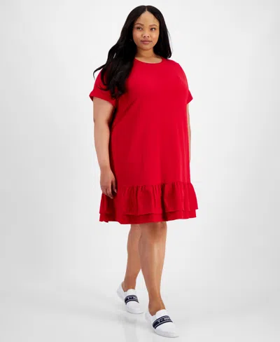 Tommy Hilfiger Plus Size Short-sleeve Tiered Embroidered Dress In Scarlet