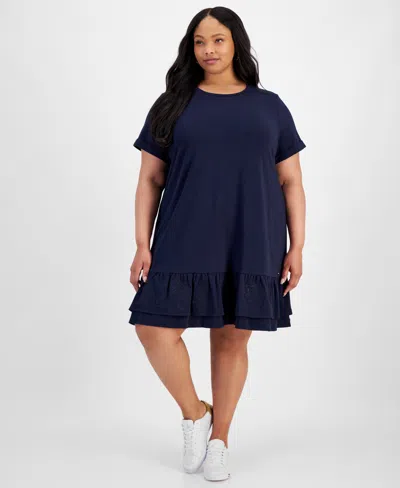 Tommy Hilfiger Plus Size Short-sleeve Tiered Embroidered Dress In Sky Captain