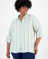 Tommy Hilfiger Plus Size Striped Roll-tab Shirt In Abundant Green Multi