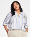 Tommy Hilfiger Plus Size Striped Roll-tab Shirt In Sky Captain Multi