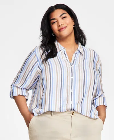 Tommy Hilfiger Plus Size Striped Roll-tab Shirt In Sky Captain Multi