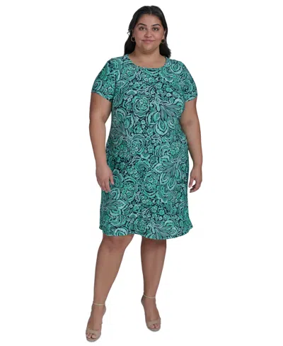 Tommy Hilfiger Plus Size Tidal Flower Short-sleeve Dress In Parakeet Multi
