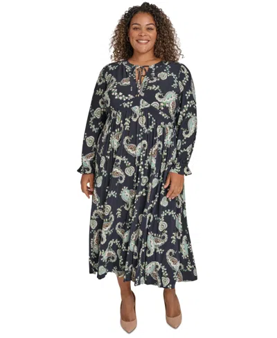 Tommy Hilfiger Plus Size Tie-neck Pleated Skirt Midi Dress In Sky Captain  Multi | ModeSens