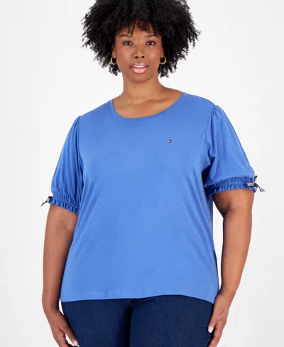 Tommy Hilfiger Plus Size Tie-sleeve Crewneck Top In Amsterdam Blue
