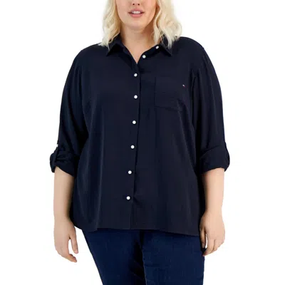 Tommy Hilfiger Plus Womens Collared Button- Down Button-down Top In Blue