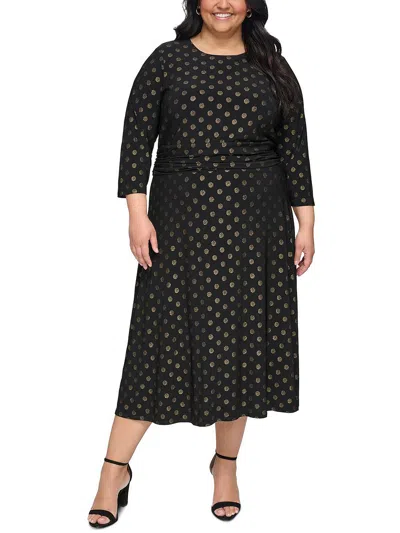 Tommy Hilfiger Plus Size Metallic Dot Ruched-waist Dress In Black.gold