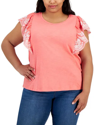 Tommy Hilfiger Plus Womens Embroidered Flutter Sleeves Blouse In Pink