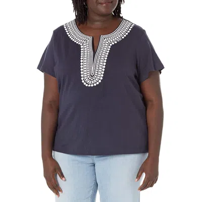 Tommy Hilfiger Plus Womens Embroidered Slub Knit Pullover Top In Purple
