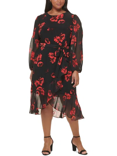 Tommy Hilfiger Plus Womens Floral Belted Midi Dress In Black/ Scarlet
