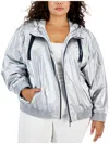 Tommy Hilfiger Plus Womens Logo Nylon Windbreaker Jacket In Silver