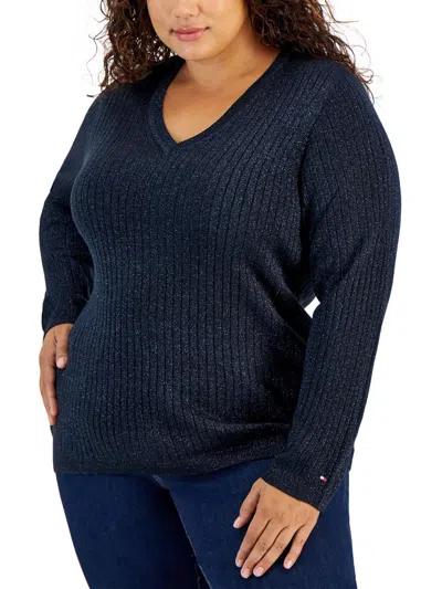 Tommy Hilfiger Plus Size Ribbed Metallic-threaded Sweater In Sky Captain