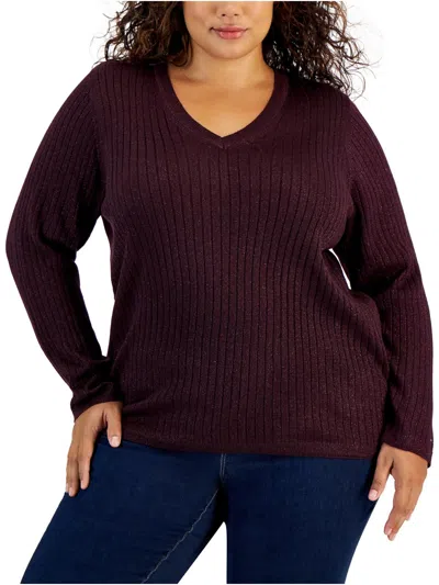 Tommy Hilfiger Plus Size Ribbed Metallic-threaded Sweater In Aubergine